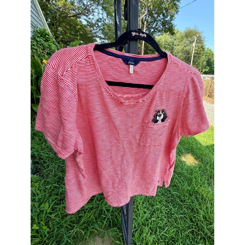 Joules Red White Striped Dog Pocket T-Shirt Womens Size 12 Harbour Short Sleeve